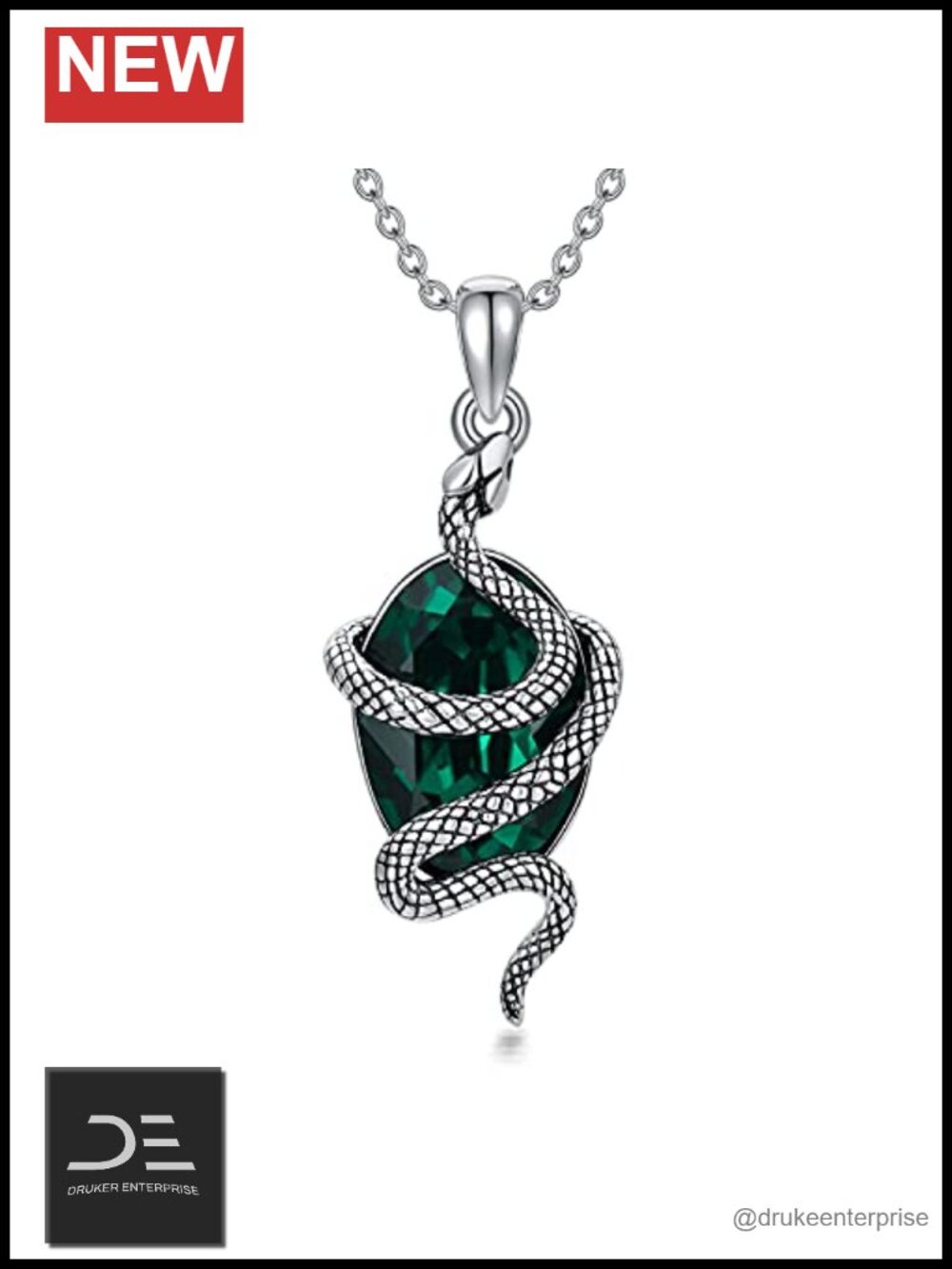 Sterling Silver Vintage Snake Necklace Green Crystal Pendant Gift for Her